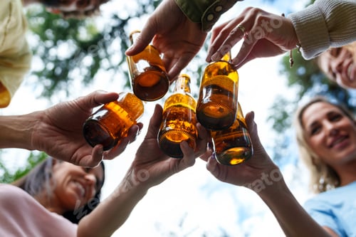 Preview: Friends Toasting with Bottles of Beer Outdoors in Daylight