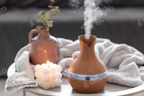 Preview: Spa composition with aroma oil diffuser lamp and candle on a blurred background.