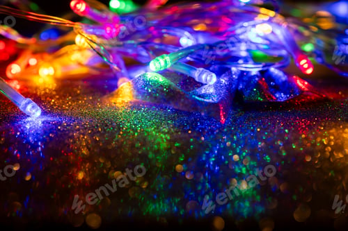Preview: colorful Christmas lights on dark glitter background