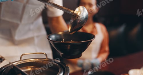 Preview: Restaurant, hands and preparing noodles in bowl for traditional cuisine, culinary culture and meal.