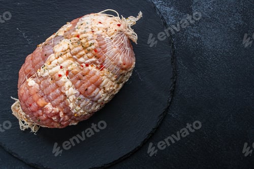 Preview: Meatloaf In Roasting Net (Tasty And Healthy Raw Meat Food) Menu Concept. Background. Top View. Copy