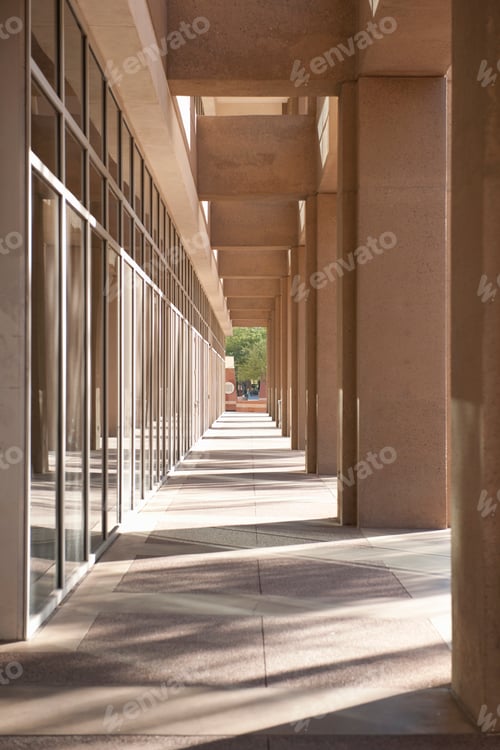 Preview: Colonnade of urban office building with pillars.