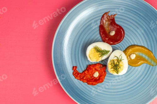 Preview: top view boiled egg with ketchup and mustard inside plate on the pink background food meal egg plant