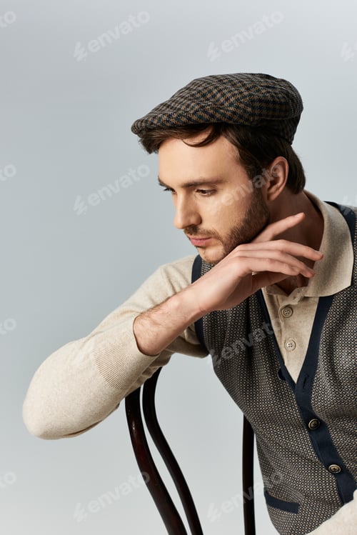 Preview: A fashionable man in a stylish outfit reflects on a chair in a serene indoor setting