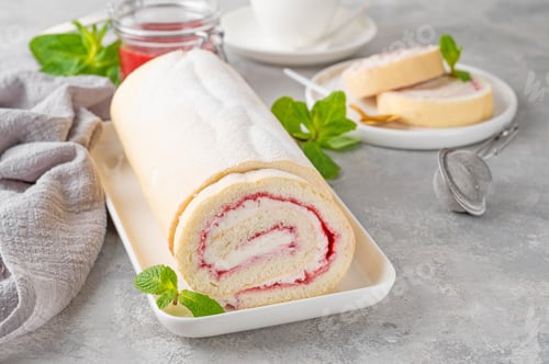 Preview: Sponge cake roll with strawberry jam and cream on a white plate with cup of tea on a gray background