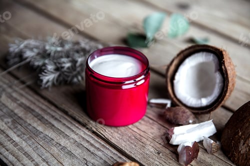 Preview: Organic cream on wooden background. Conditioner, shampoo for hair care. Natural cosmetics