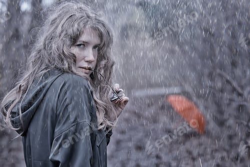 Preview: Seasonal Autumn Portrait, Sad Girl With Umbrella, November Seasonal Virus Immunity On A Walk