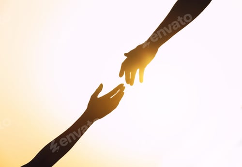 Preview: Silhouettes of man and woman helping each other against sunset, closeup