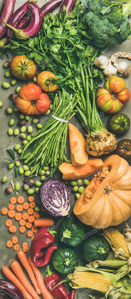 Preview: Healthy vegetarian Fall food cooking ingredients from local market