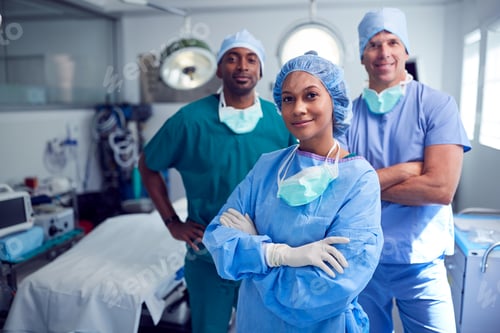 Preview: Portrait Of Multi-Cultural Surgical Team Standing In Hospital Operating Theater