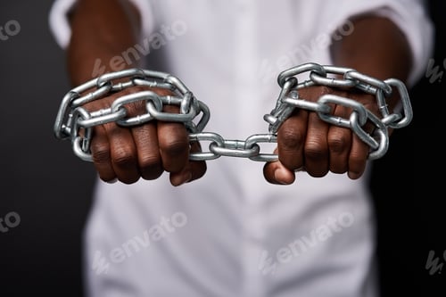 Preview: Cropped shot of a mans hands tied up with chains against a black background