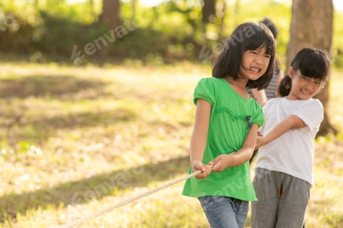 Preview: Children playing tug of war at the park on sunsut