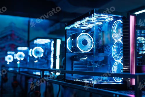 Preview: Professional gaming PC with a headset in the computer club for gamers.