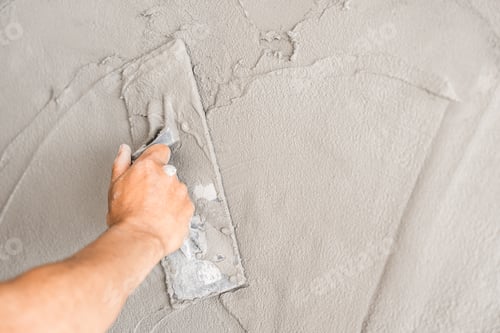 Preview: Hand plasterer plastering trowel wet Cement house wall Background