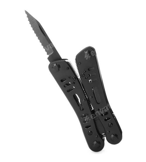 Preview: Compact portable multitool with black handles isolated on white
