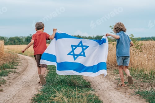 Preview: Happy Israeli Jewish Little Boys Runs With Israel National Flag. Independence