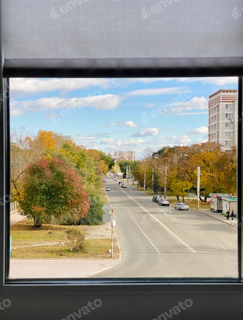 Preview: view from the window to the street on the golden autumn in the city