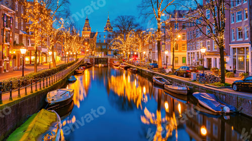 Preview: Amsterdam Netherlands canals with christmas lights during Decemb