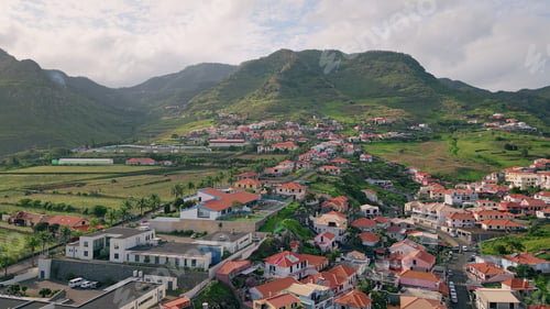 Preview: Drone summer village roofs in sunlight. Beautiful calm mediterranean buildings