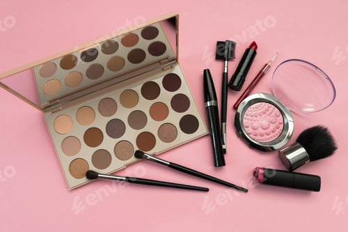 Preview: set of decorative cosmetics, eyeshadow palette, brushes, mascara on a pink background
