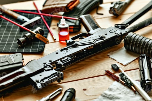 Preview: Black disassembled shotgun and cleaning tools on wooden table .