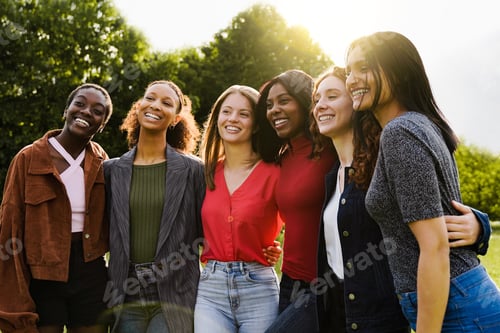 Preview: multiracial women having fun outdoor - Diverse female friends hugging summer vacations