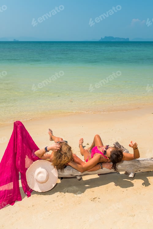 Preview: Two Women sitting the beach by a tree