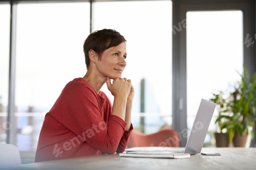 Preview: Smiling woman sitting at table at home using laptop