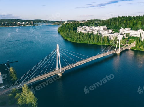 Preview: Aerial view of bridge over lake river to Campus area in Finland.
