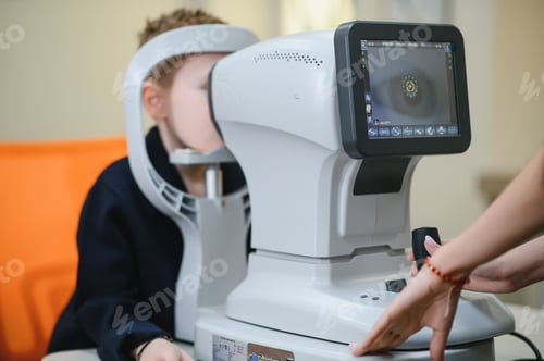 Preview: Ophthalmologist performing vision diagnostics on child with autorefractor
