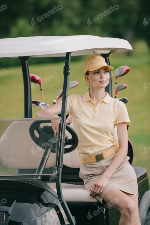 Preview: portrait of smiling woman in polo and cap sitting on golf cart and looking away