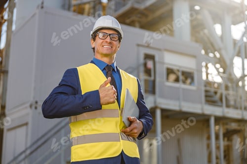 Preview: Cheerful factory worker holding notebook and giving thumbs up