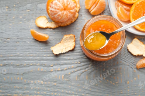 Preview: Flat lay composition with tasty tangerine jam on grey wooden table. Space for text