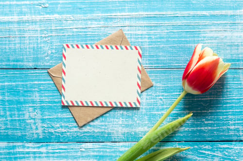 Preview: An envelope, tulip and postcard for text on a blue wooden background, top view.