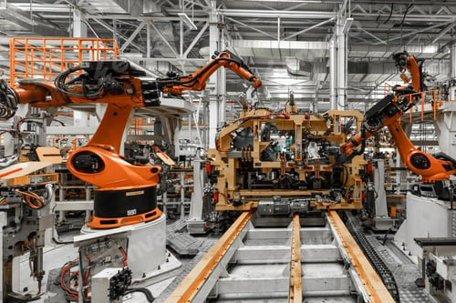 Preview: Photo of automobile production line. Welding car body. Modern car assembly plant. Auto industry