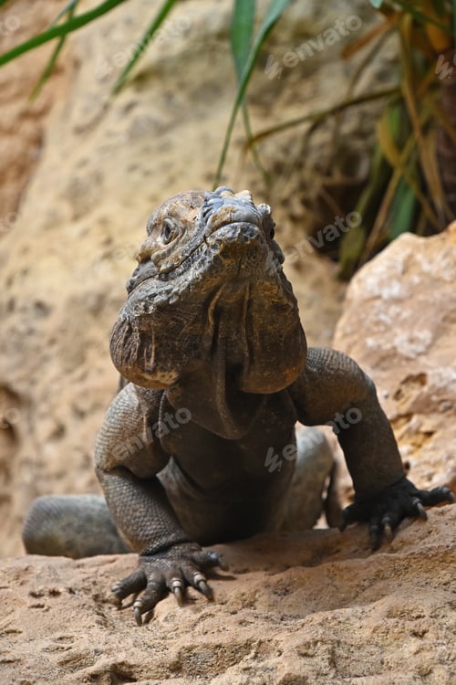 Preview: Close up portrait of rhinoceros iguana on rocks