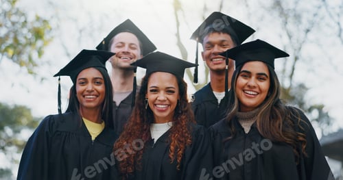 Preview: Students, graduation class and outdoor portrait for education, learning and group for success. Peop