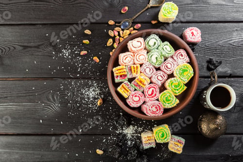 Preview: Turkish delight on a wooden table.