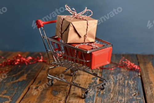 Preview: Mini shopping cart with wrapped gifts on a rustic wooden surface