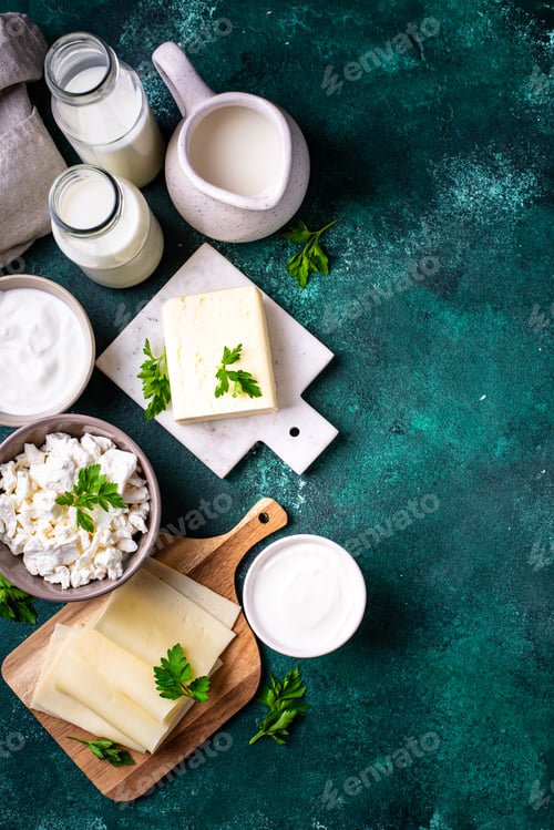 Preview: Dairy products. Milk, cottage cheese, cream, butter and yogurt