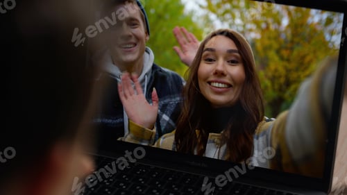 Preview: Smiling parents talking video chat with kid closeup. Unknown boy waving screen