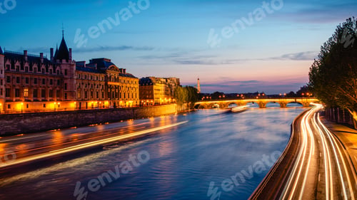 Preview: View of Paris by night with the Seine river and the Conciergerie building
