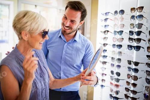 Preview: Health care, eyesight and vision concept. Happy mature woman choosing glasses at optics store