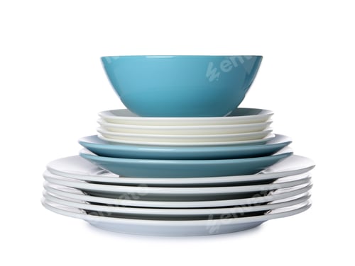 Preview: Beautiful ceramic plates and bowl isolated on white