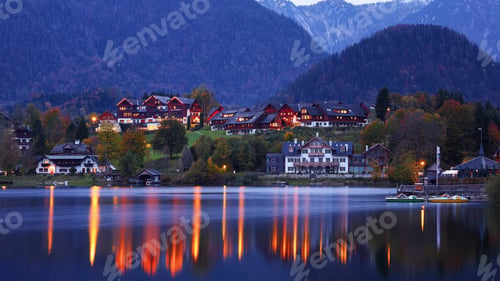 Preview: Grundlsee lake in Alps mountains. Night scene