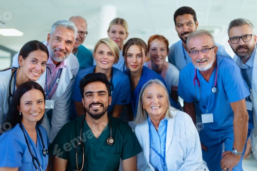 Preview: Portrait of happy doctors, nurses and other medical staff in hospital.