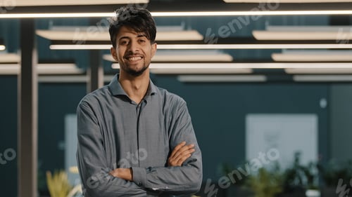 Preview: Portrait dreaming handsome millennial indian arabian young man hispanic guy businessman male worker