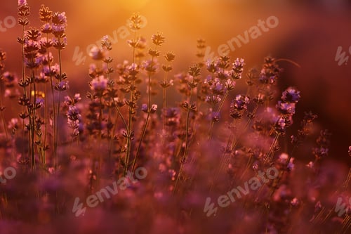Preview: close up of bushes lavender blooming scented fields on sunset. lavender purple aromatic flowers
