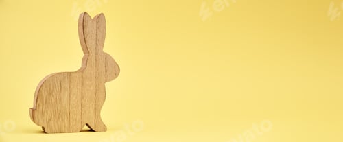 Preview: Happy Easter decoration, Wooden rabbit on yellow background