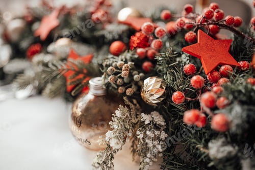 Preview: Close-up Christmas tree still life with decorations ornaments lights baubles magic advent moments